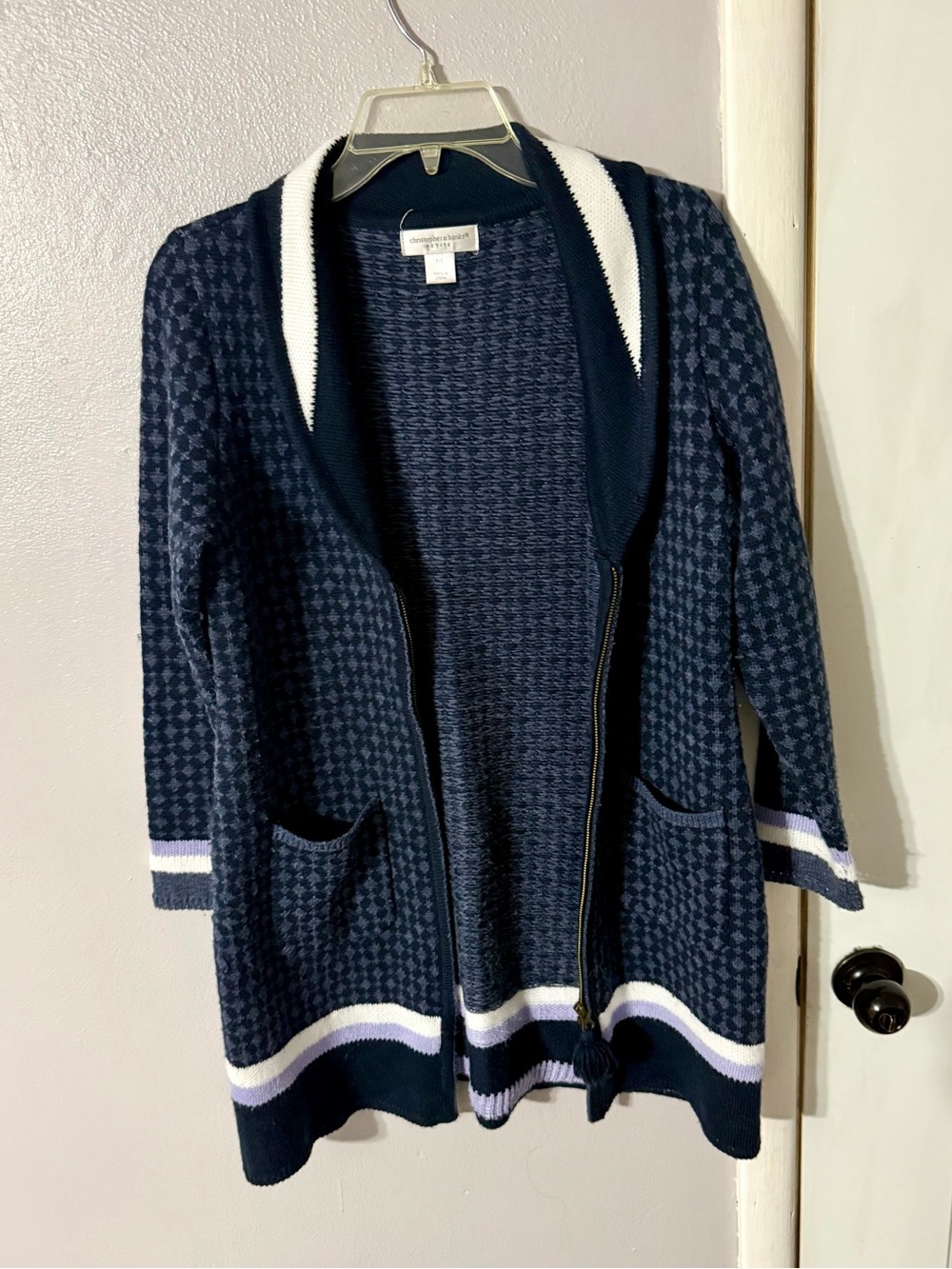 Christopher & Banks Navy and White Trim Long Open Zip Up Coat Cardigan